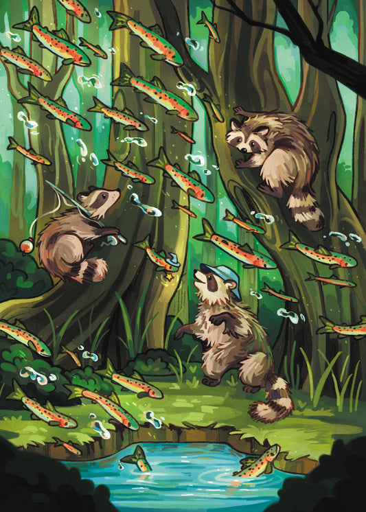 Raccoons and their Magic Trout - Print