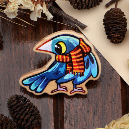 Crow with a Scarf - Wooden Pin